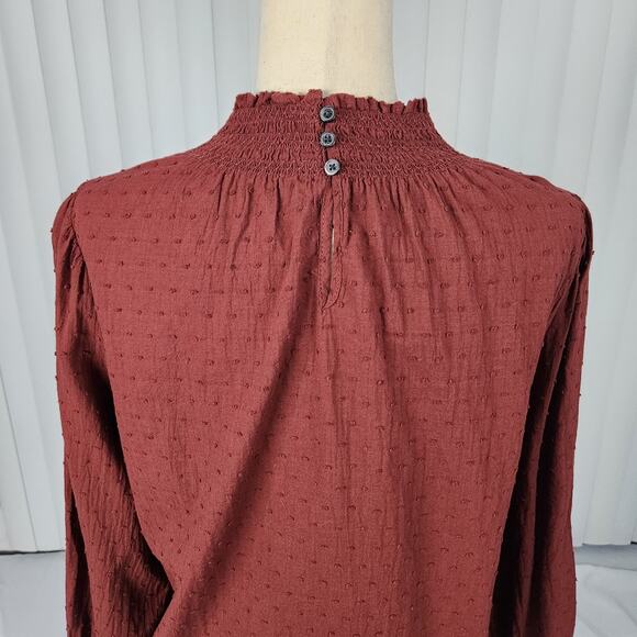 Madewell Sheer-Sleeve Mockneck Top in Clip Dot Rusted Burgundy Size Medium - Picture 5 of 11